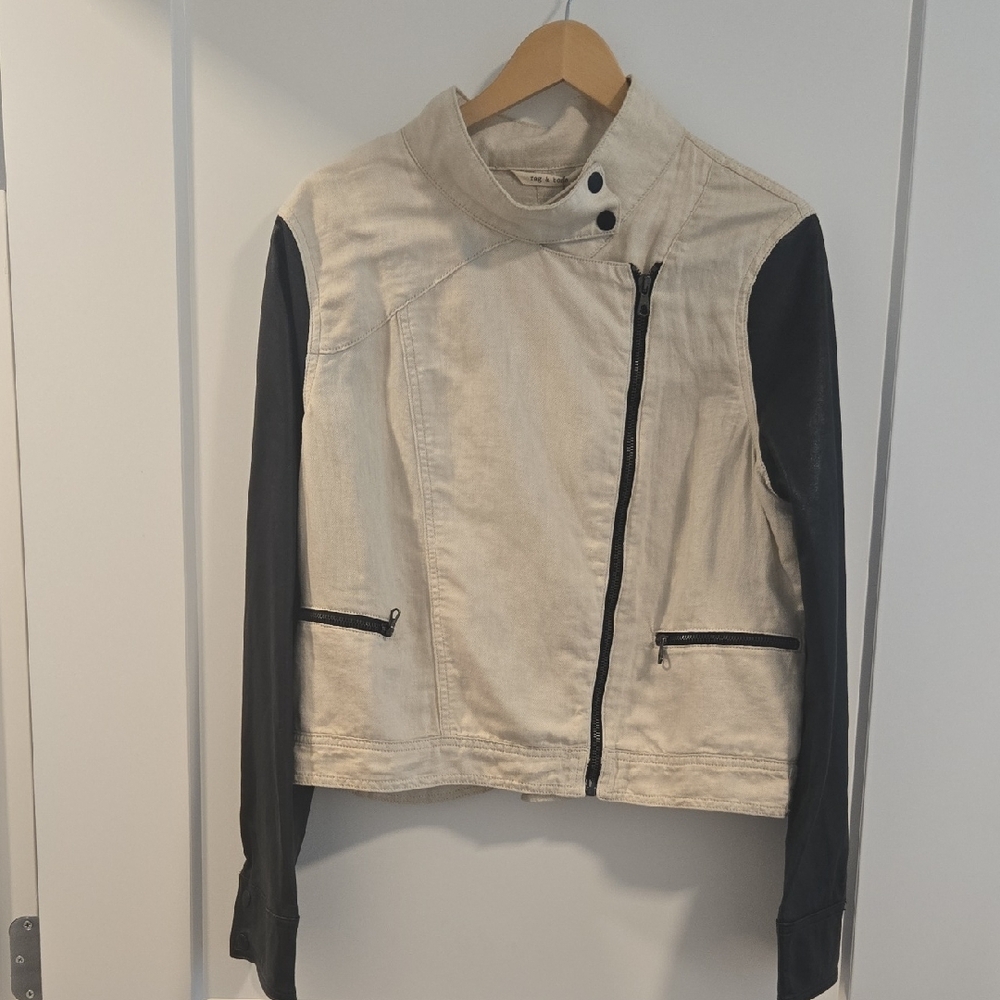 Rag & Bone Cream Cotton/Linen Moto Jacket With Soft Black Leather Sleeves NWT